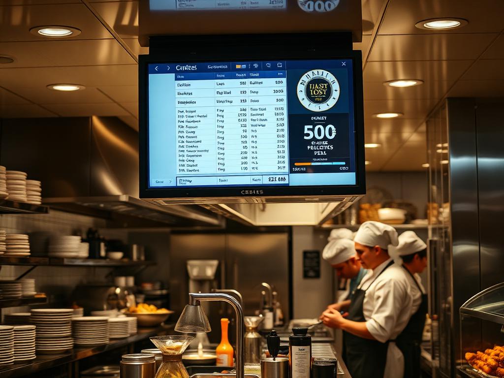 Hotel restaurant kitchen pass with a kitchen display system screen