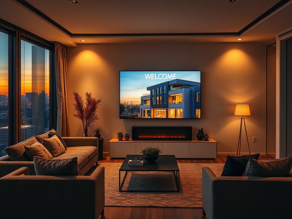 Serviced apartment living room at dusk with a smart TV welcome screen