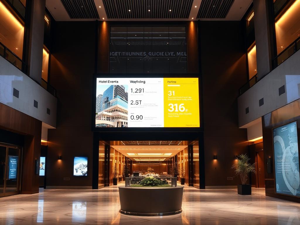Hotel lobby with a large digital signage screen showing events and wayfinding