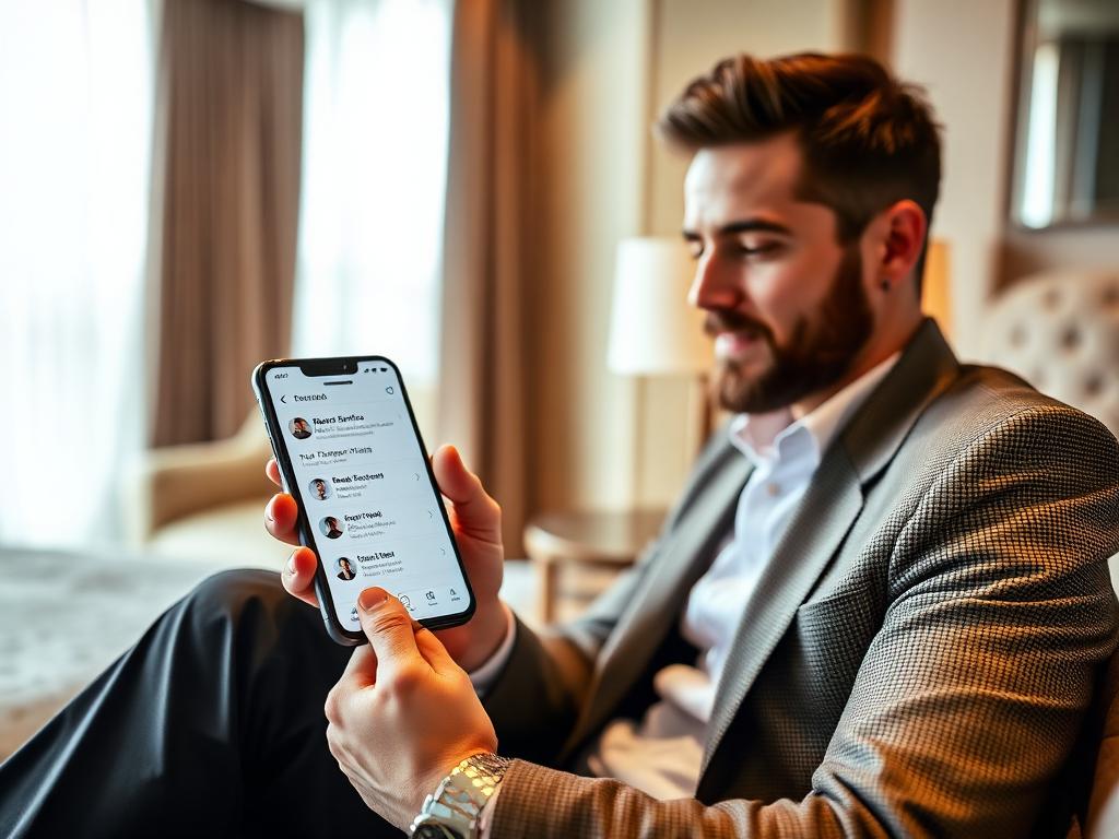 Hotel guest using the 1.Hotel guest app on a smartphone in a hotel room