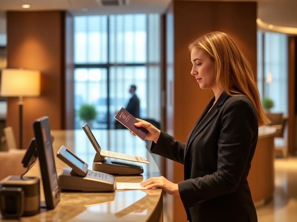 Receptionist scanning a guest passport with an ID scanner at hotel check-in