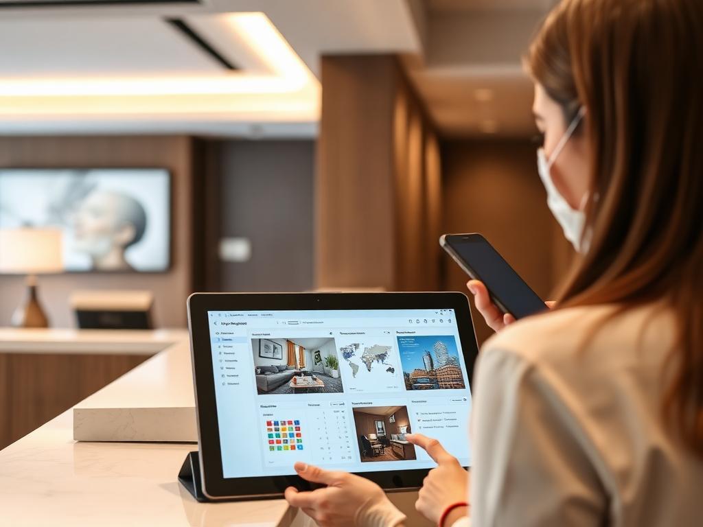 Hotel front desk tablet running guest room management and housekeeping workflows