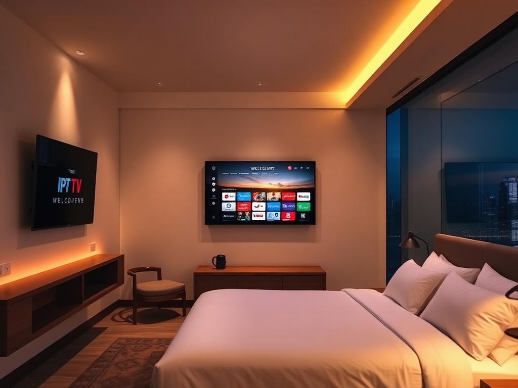 Hotel guest room with a 1.TV IPTV welcome screen and channel menu on the in-room television