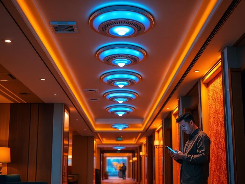 Hotel corridor and lobby with ceiling-mounted high-density Wi-Fi access points and a guest browsing on a phone