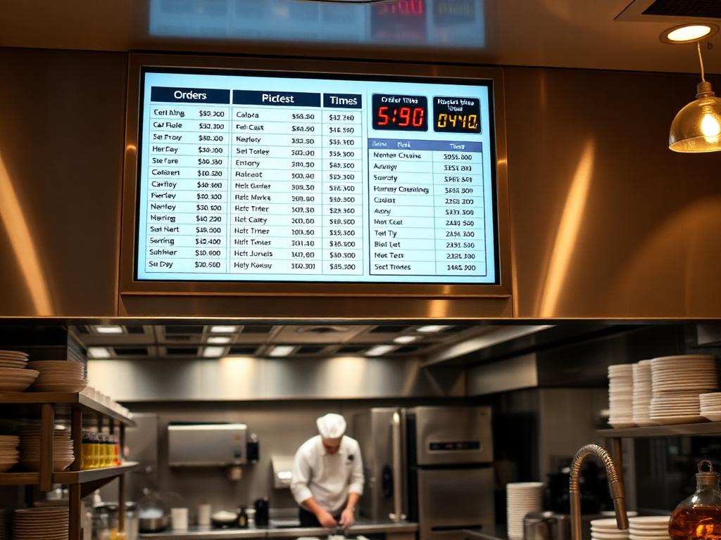 Professional hotel kitchen with a kitchen display screen showing live order tickets