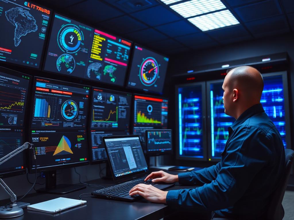 IT operations room with network and security monitoring dashboards