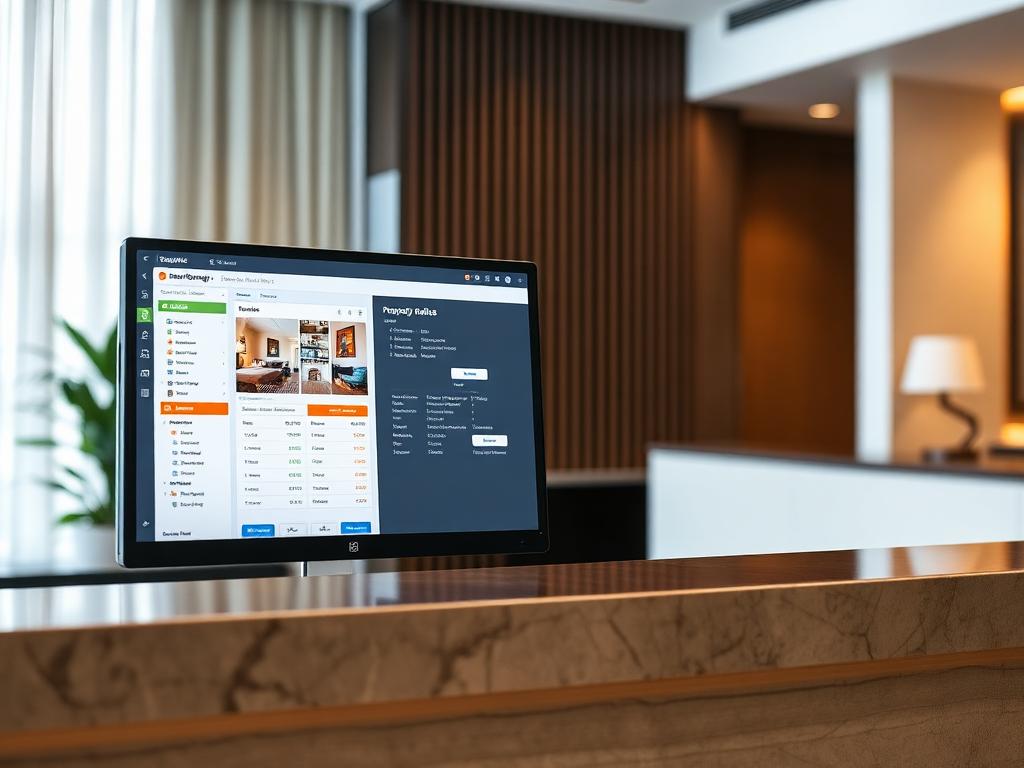 Hotel front desk screen with PMS and website booking engine integration