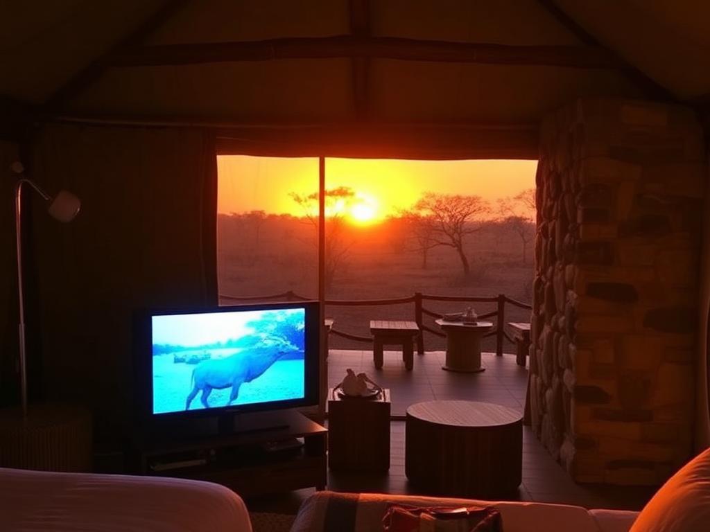 Safari lodge guest room with hospitality TV screen at sunset in Africa