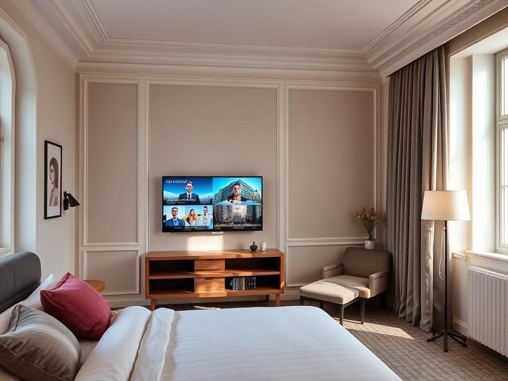 European city hotel room with OTT streaming on the guest television
